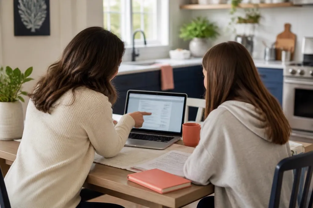 Mother and teenage daughter reviewing information together on a laptop at the kitchen table